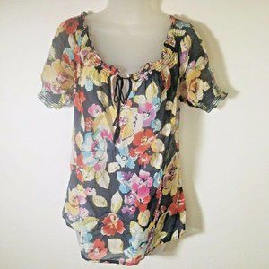 Joie MED Silk Cotton Blend Floral Tie Neck Peasant